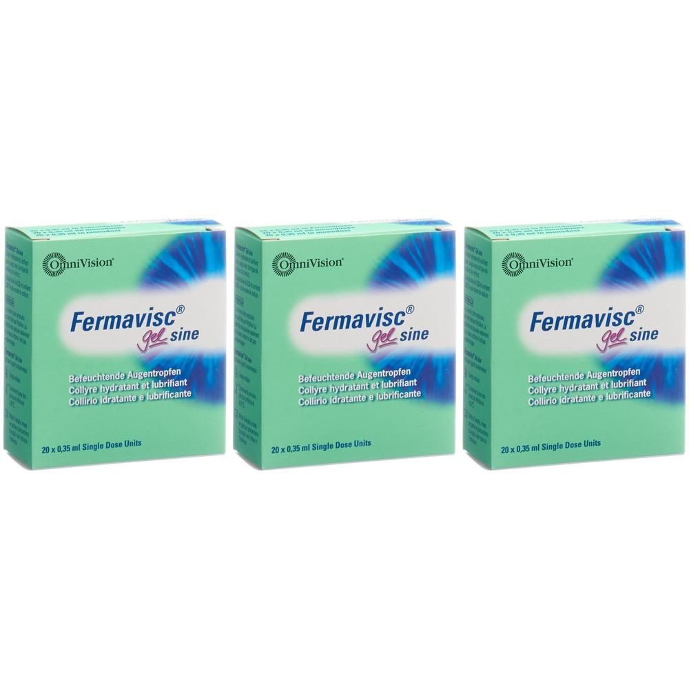 Trois paquets de gouttes oculaires Fermavisc Gel sine, chacun contenant 20 doses uniques.