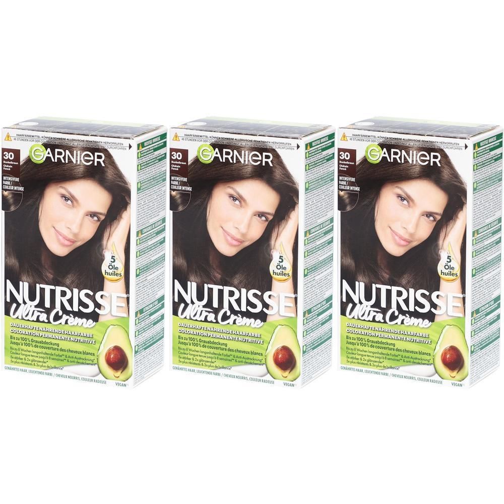 Trois boîtes de NUTRISSE Ultra Crème. Chaque boîte montre une femme. Inscription : Garnier, 30, 5 huiles.