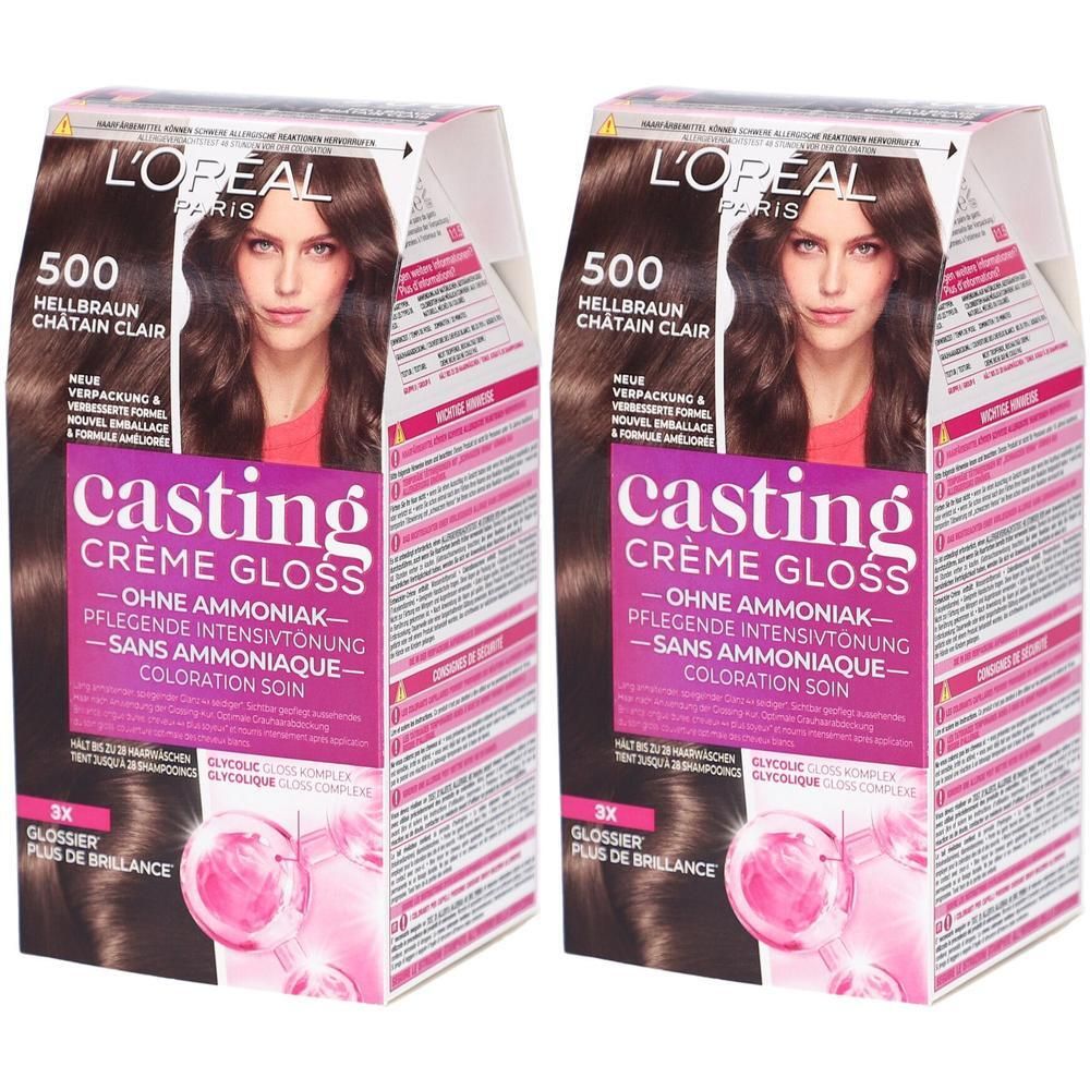 Deux boîtes de Casting Crème Gloss 500 châtain clair. Inscription : L'Oréal, sans ammoniaque, Coloration Soin. Image d'une femme.