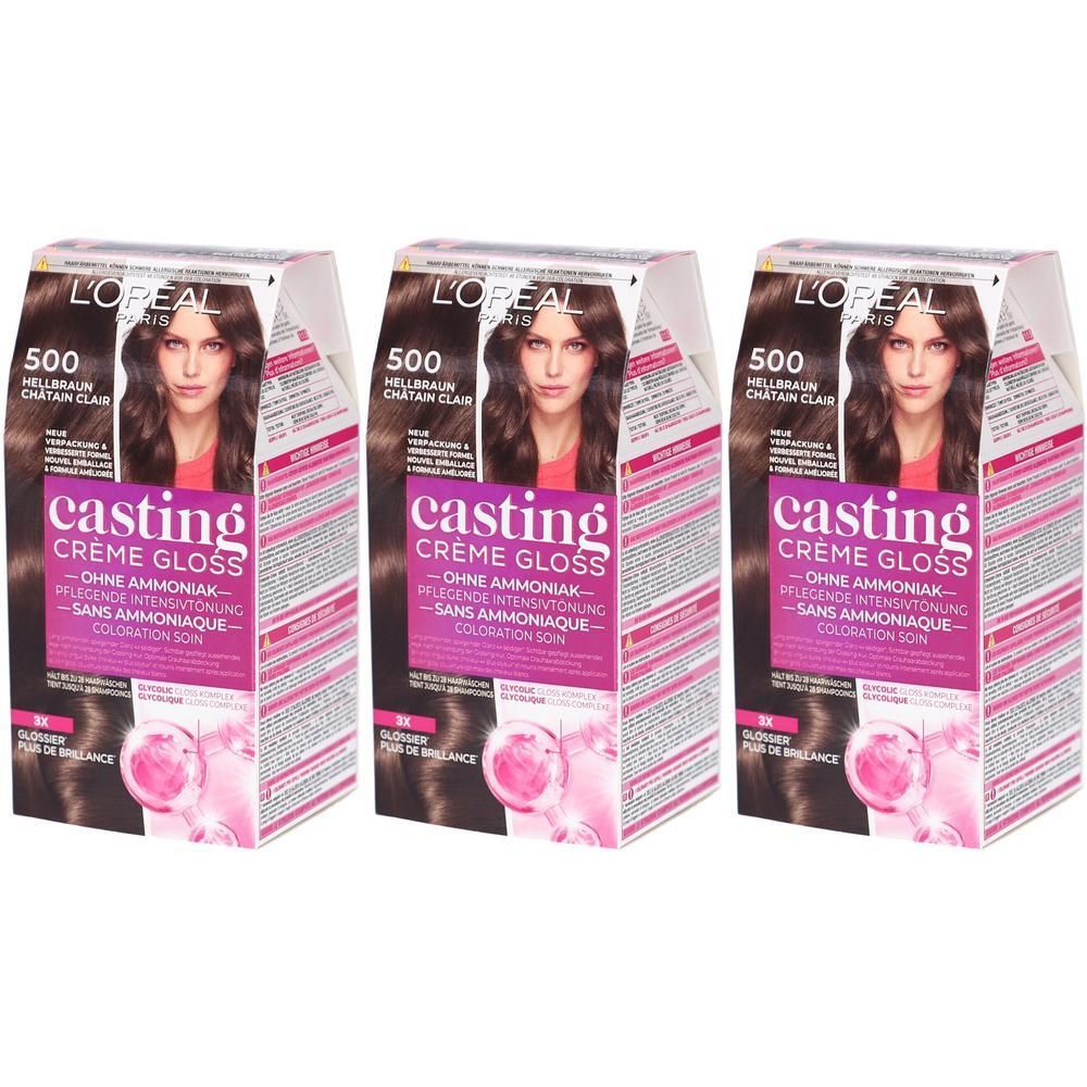Trois boîtes de L'Oréal Casting Crème Gloss 500 châtain clair. Chaque boîte montre une femme aux cheveux bruns. Texte : Sans ammoniaque.