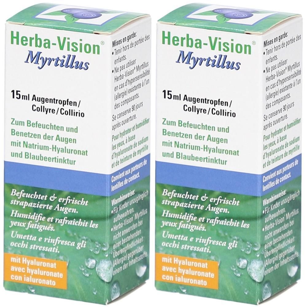 Deux boîtes de gouttes oculaires Herba-Vision Myrtillus, 15ml. Avec hyaluronate.