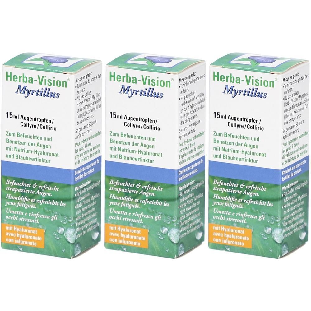 Trois boîtes de gouttes oculaires Herba-Vision Myrtillus, 15ml. Avec hyaluronate et extrait de myrtille.