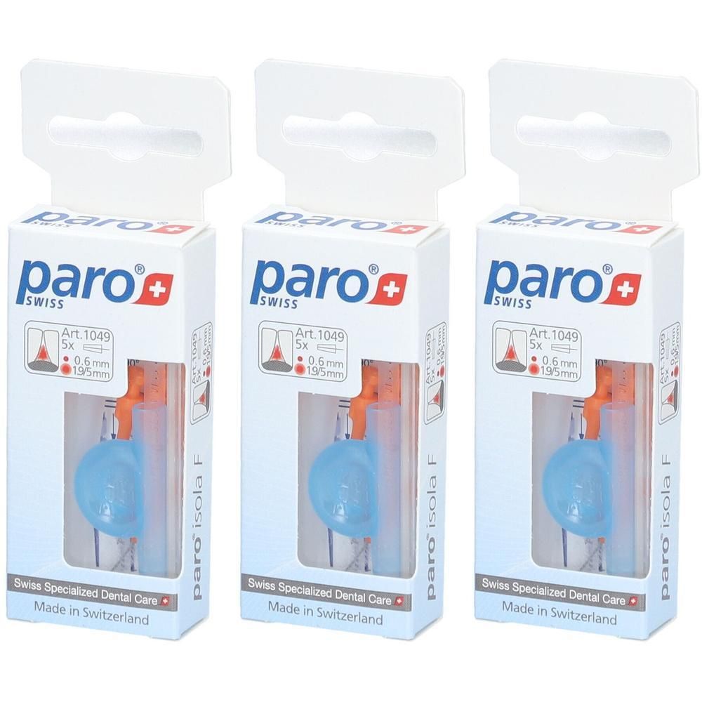 Trois boîtes de paro Isola F. Chaque boîte contient des brosses bleues coniques. Inscription : paro, Swiss, Art. 1049, 0,6mm, 1,95mm. Swiss Specialized Dental Care.