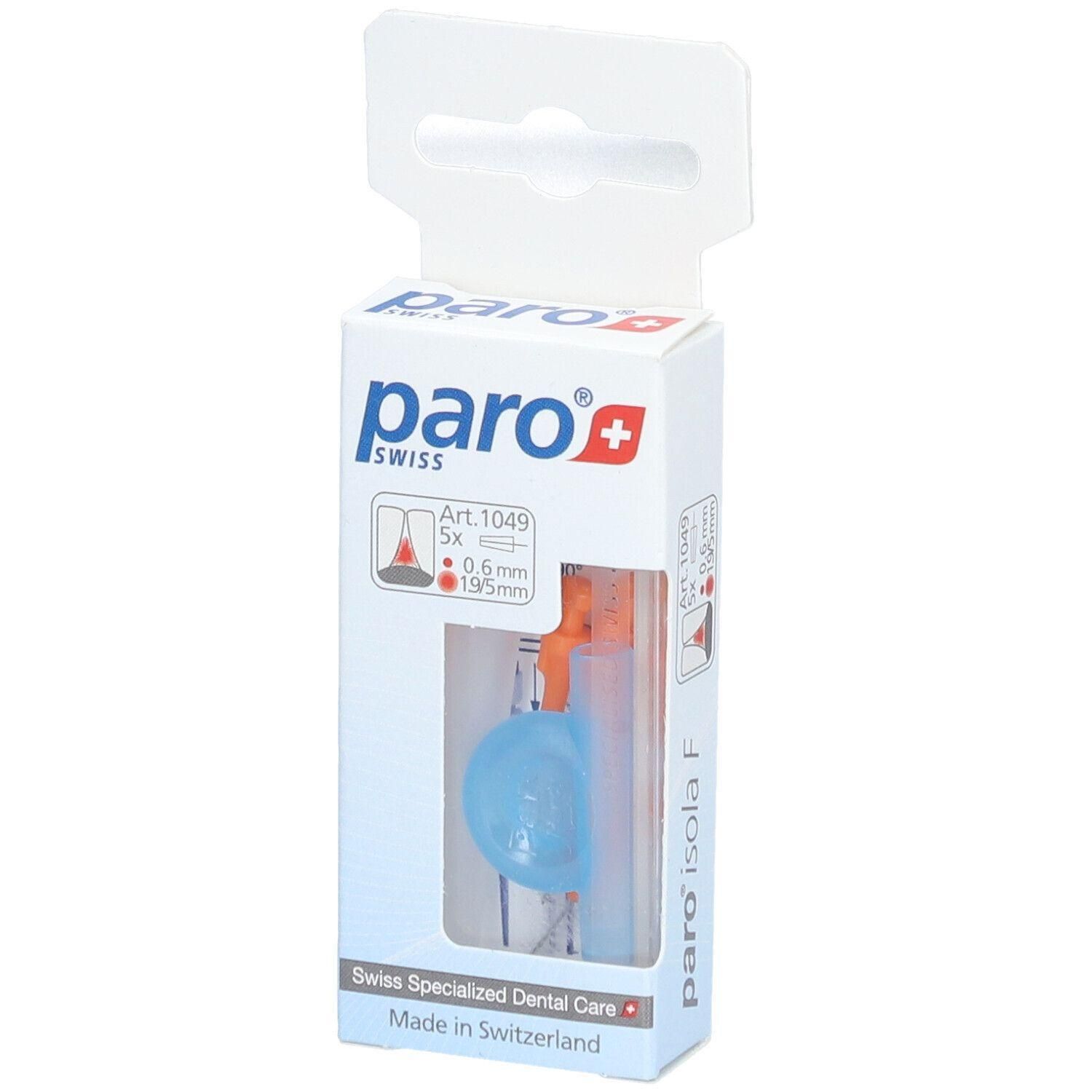 Weiße Verpackung mit Produkt von paro. Sichtbar sind blaue und orangefarbene Bürsten. Aufdruck: paro, Swiss, Art. 1049, 0.6mm, 195mm.