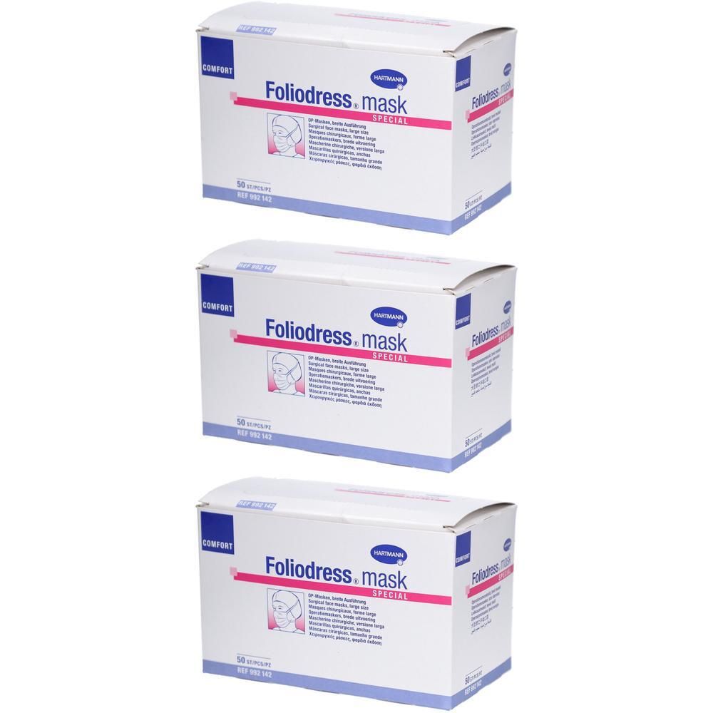 Drei Kartons mit der Aufschrift Foliodress mask special. Die Verpackungen sind weiß mit blauen und pinken Akzenten.