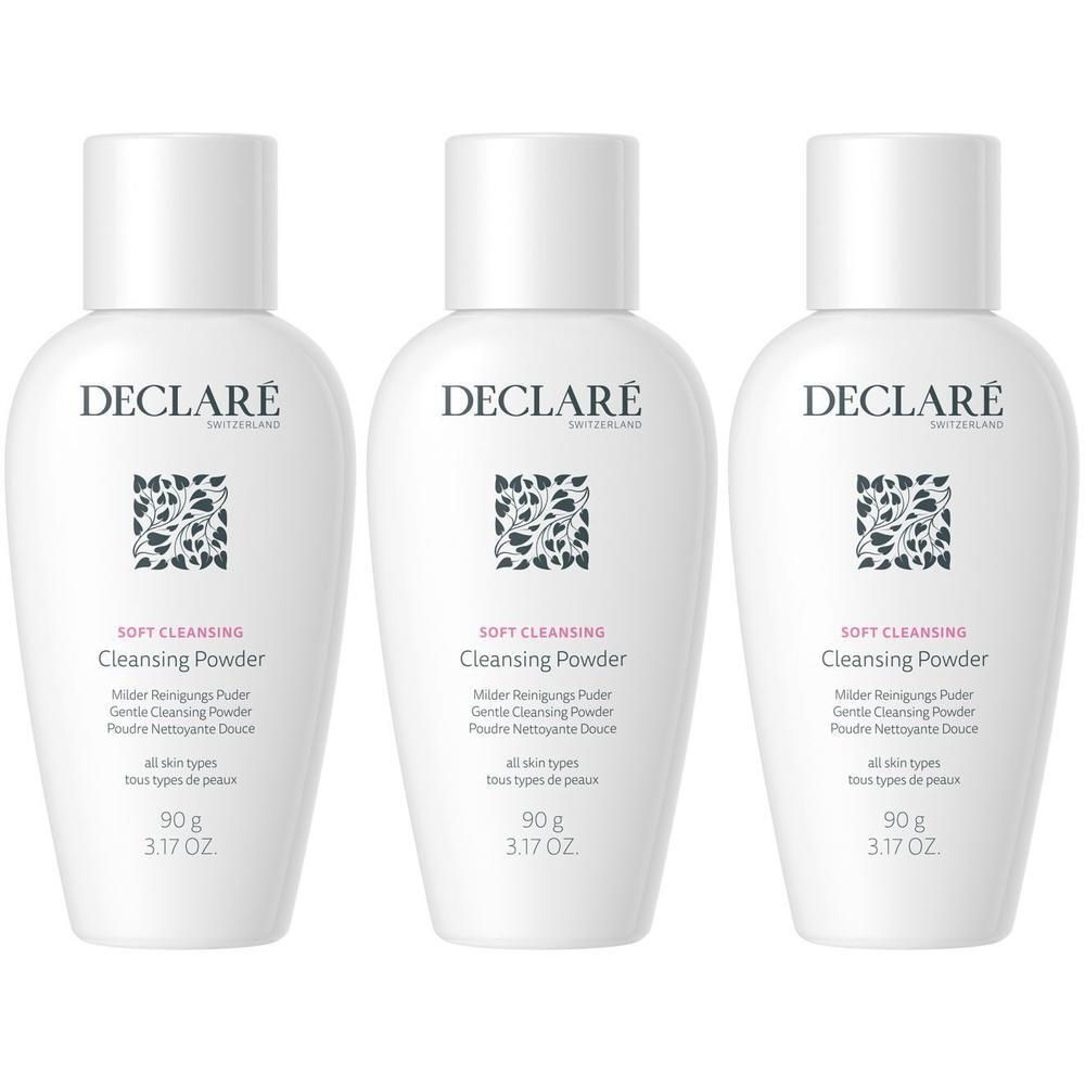 Drei weiße Flaschen DECLARÉ Soft Cleansing Cleansing Powder, je 90g.