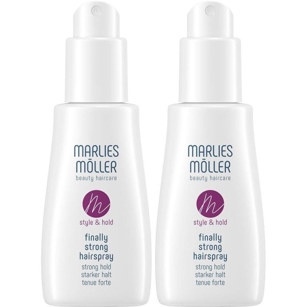 Zwei weiße Pumpspender mit Marlies Möller Logo und Aufschrift 'Finally Strong Hair Spray'.