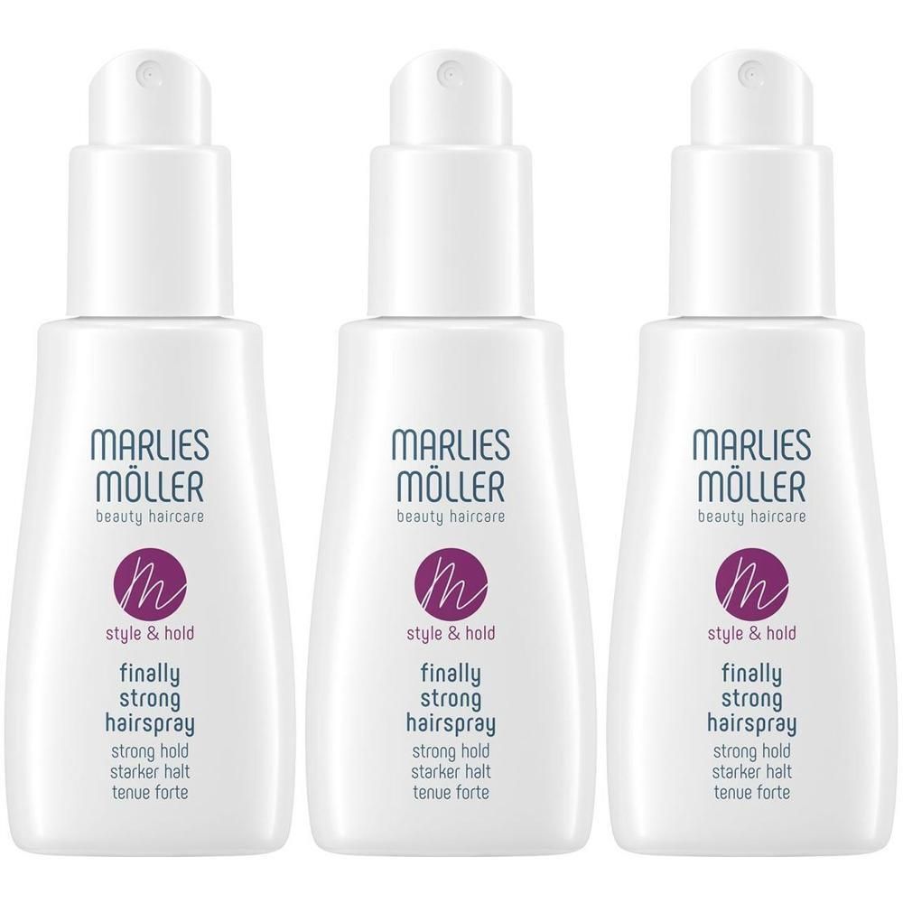 Drei weiße Pumpsprühflaschen mit Marlies Möller Logo und 'Finally Strong Hairspray' Aufschrift.