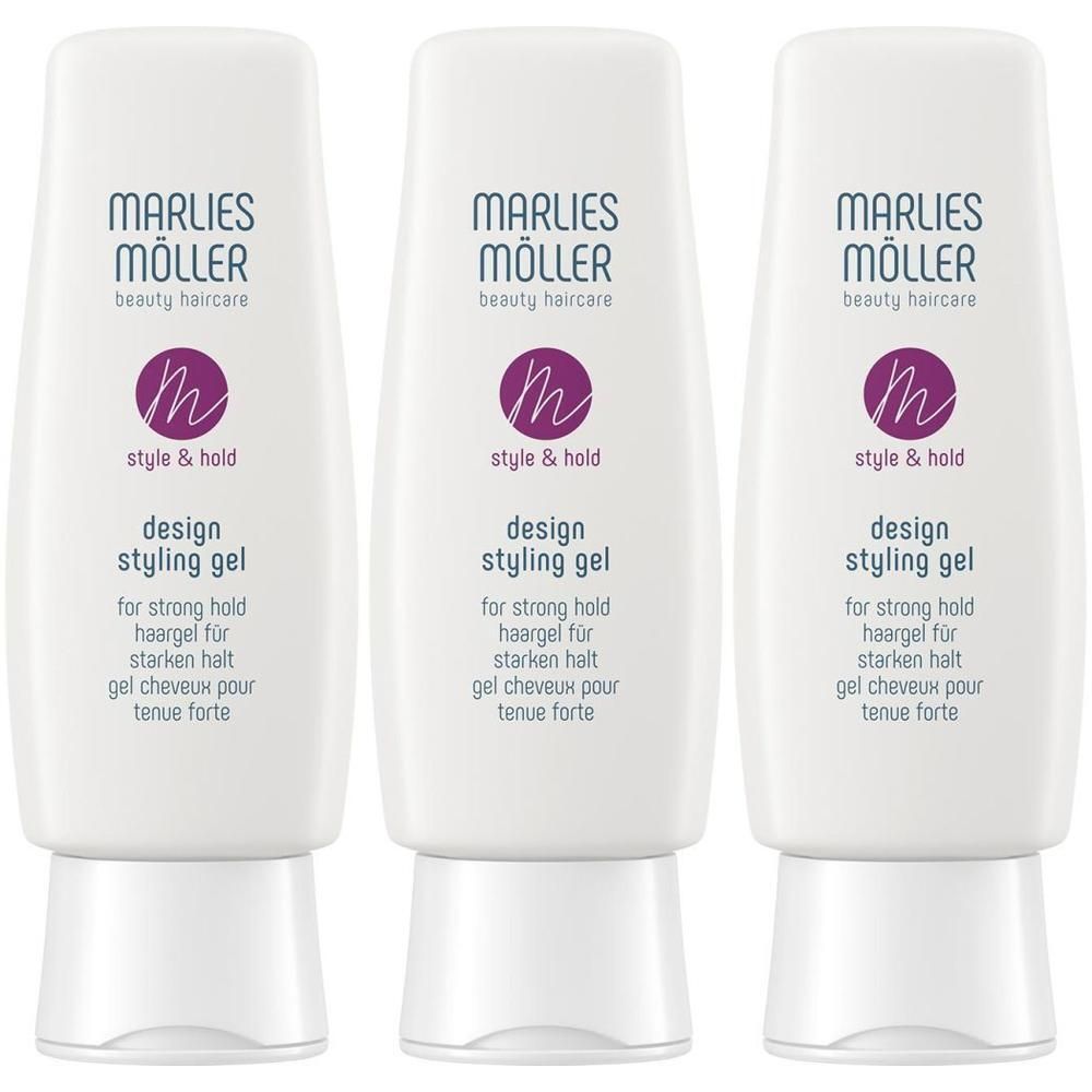 Drei weiße Tuben Marlies Möller Design Styling Gel mit weißem Deckel.