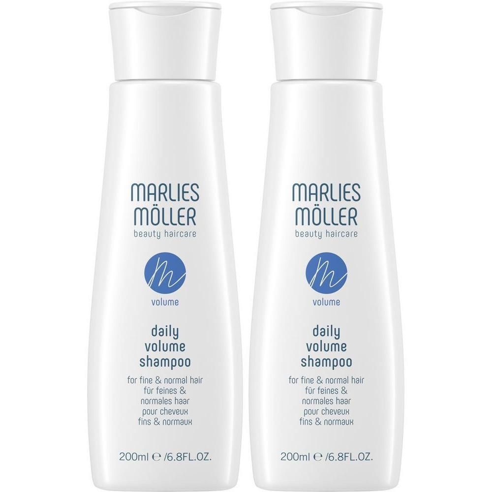 Zwei weiße Flaschen Marlies Möller Daily Volume Shampoo, je 200ml.