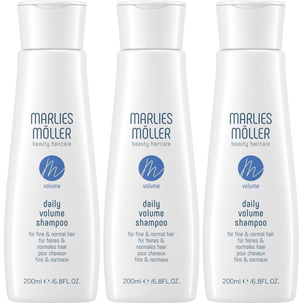 Trois flacons blancs de Marlies Möller Daily Volume Shampoo, 200ml.