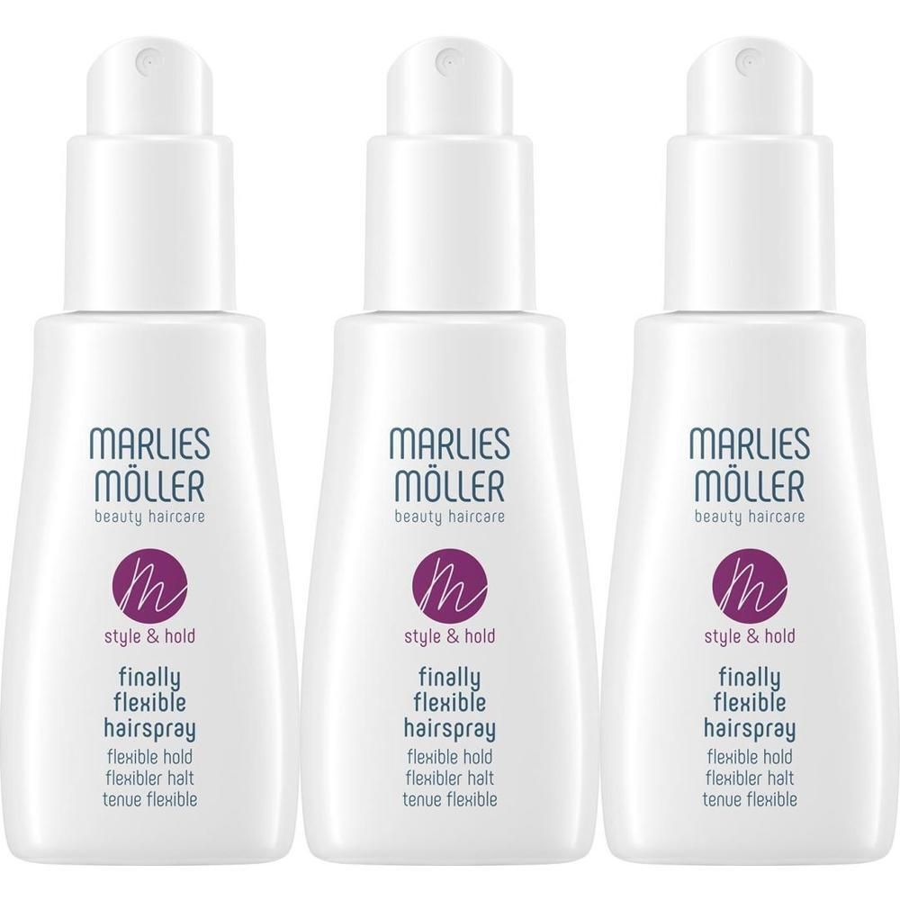 Trois flacons de spray blancs. Chaque flacon porte l'inscription MARLIES MÖLLER, beauty haircare, style & hold, finally flexible hairspray.