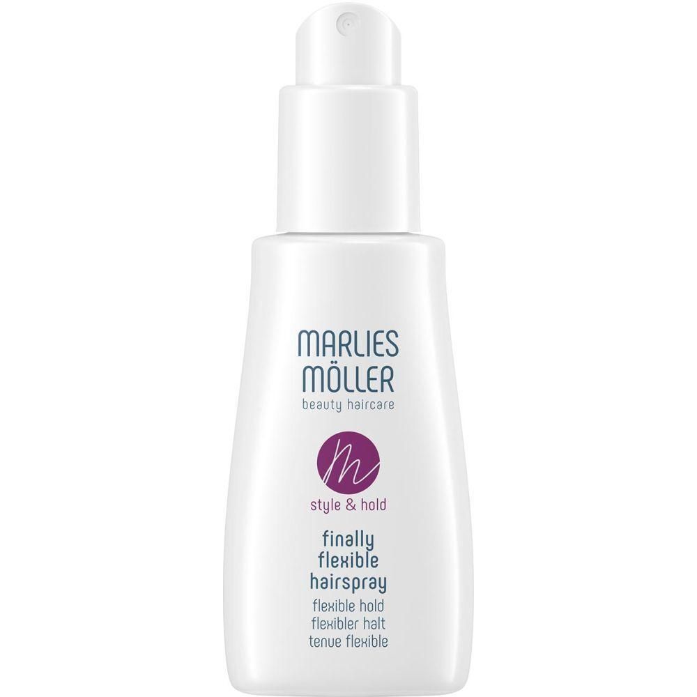 Flacon blanc avec vaporisateur. Inscription: MARLIES MÖLLER beauty haircare, style & hold, finally flexible hairspray.