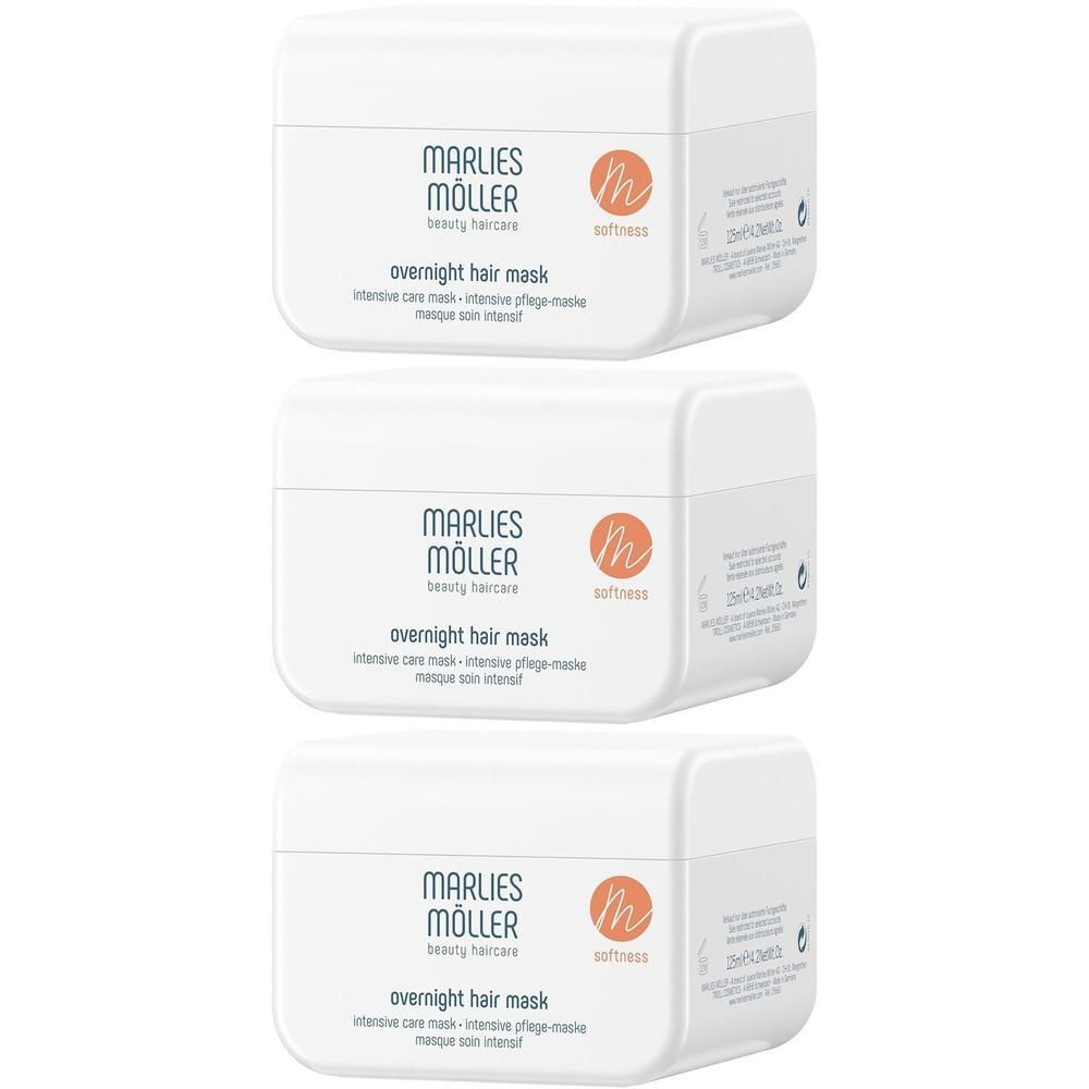 Drei weiße Tiegel mit Aufschrift MARLIES MÖLLER. Text: overnight hair mask, intensive Pflegemaske. Orangefarbenes Logo. Weisse Deckel.