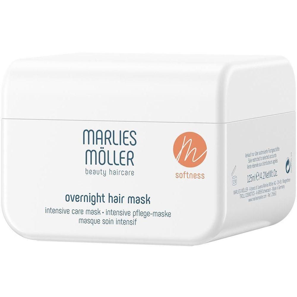 Weiße Dose mit Produktbezeichnung. Schriftzug: Marlies Möller, overnight hair mask. Orangefarbenes Logo. Text in Deutsch, Englisch und Französisch.