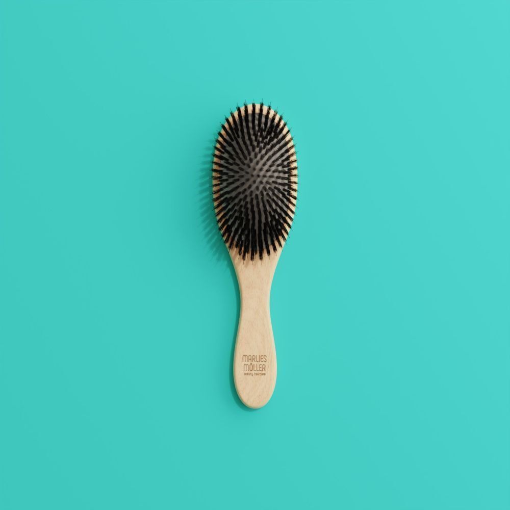 Brosse ovale avec manche en bois. Soies noires. Sur fond turquoise. Inscription sur le manche.