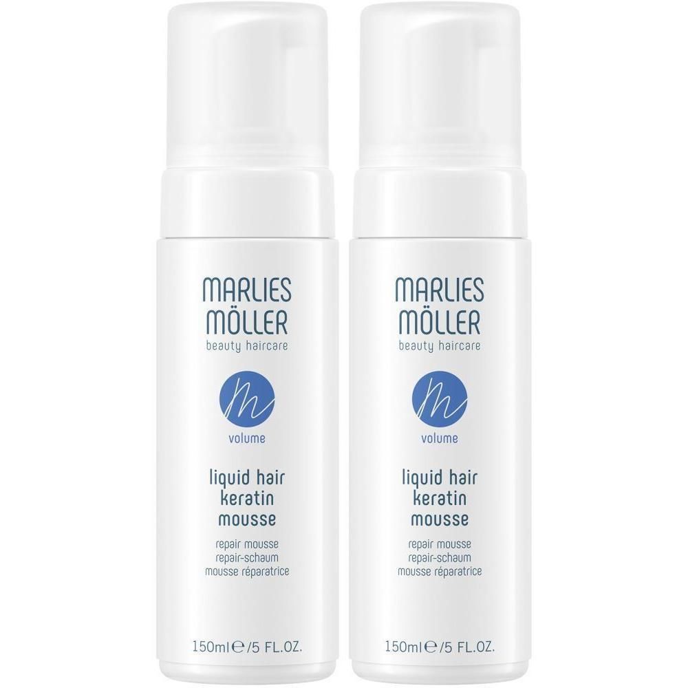 Deux flacons blancs avec vaporisateur. Inscription: Marlies Möller, Liquid Hair Keratin Mousse. 150ml/5 FL.OZ.