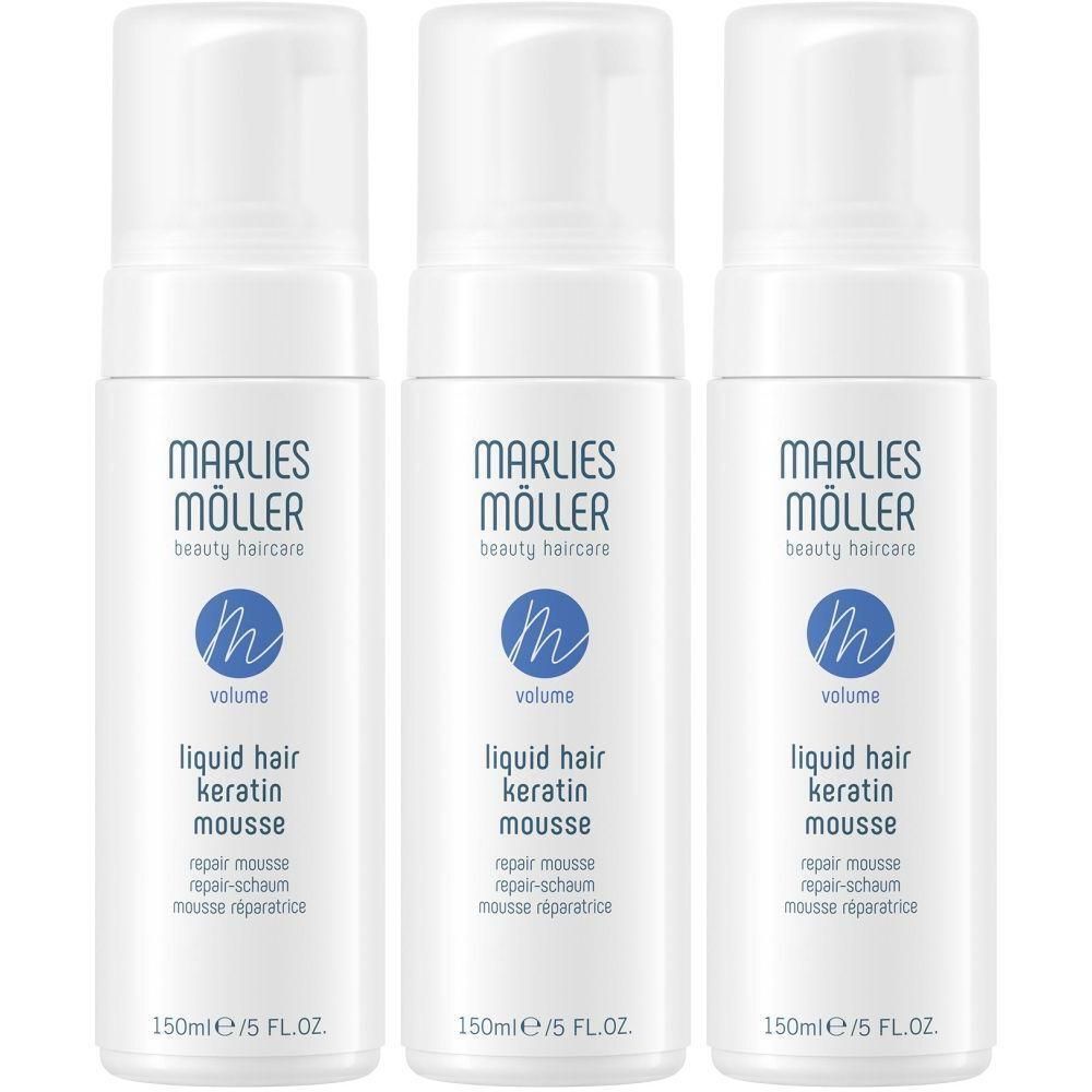 Drei weiße Flaschen mit Sprühkopf. Aufschrift: Marlies Möller, Liquid Hair Keratin Mousse. 150ml/5 FL.OZ.