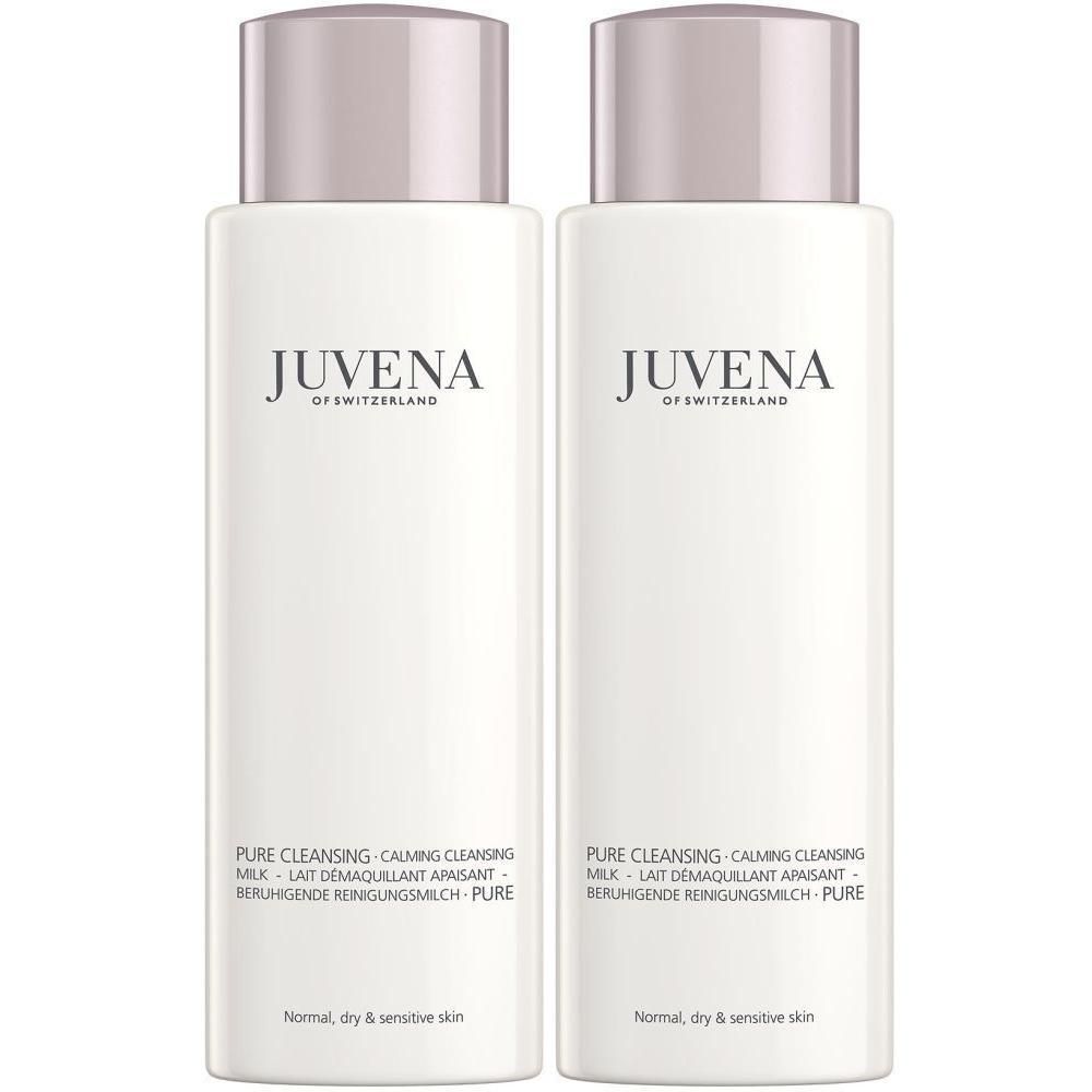 Deux flacons blancs de Juvena Pure Cleansing Calming Cleansing Milk avec bouchon rose.
