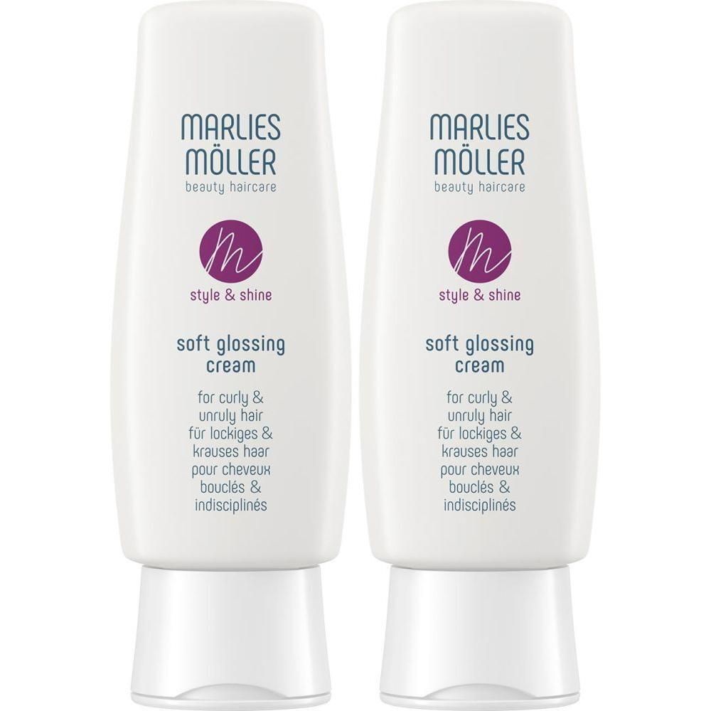 Deux tubes blancs avec logo et texte violets. Inscription: MÖLLER, Soft Glossing Cream. Pour cheveux bouclés.