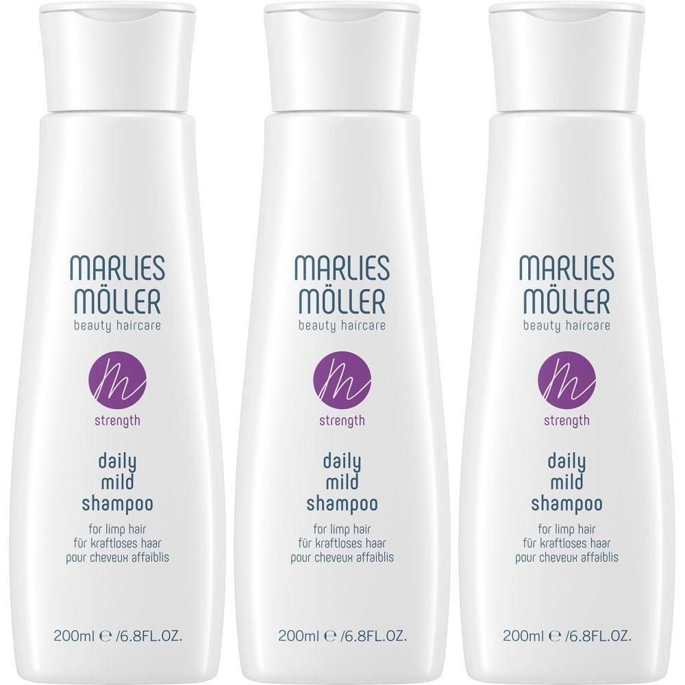 Trois flacons blancs avec bouchons blancs. Chaque flacon porte "Marlies Möller" et "daily mild shampoo".