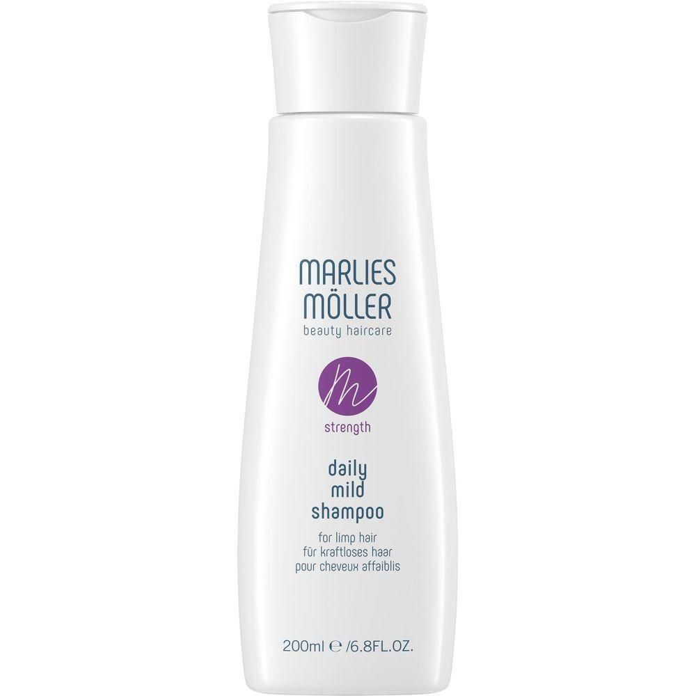 Flacon blanc avec bouchon blanc. Inscription: Marlies Möller, daily mild shampoo. 200ml/6.8FL.OZ.