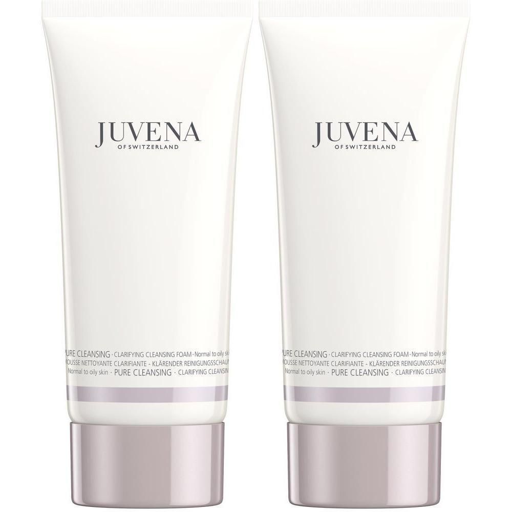 Zwei weiße Tuben Juvena Clarifying Cleansing Foam mit silbernem Deckel.