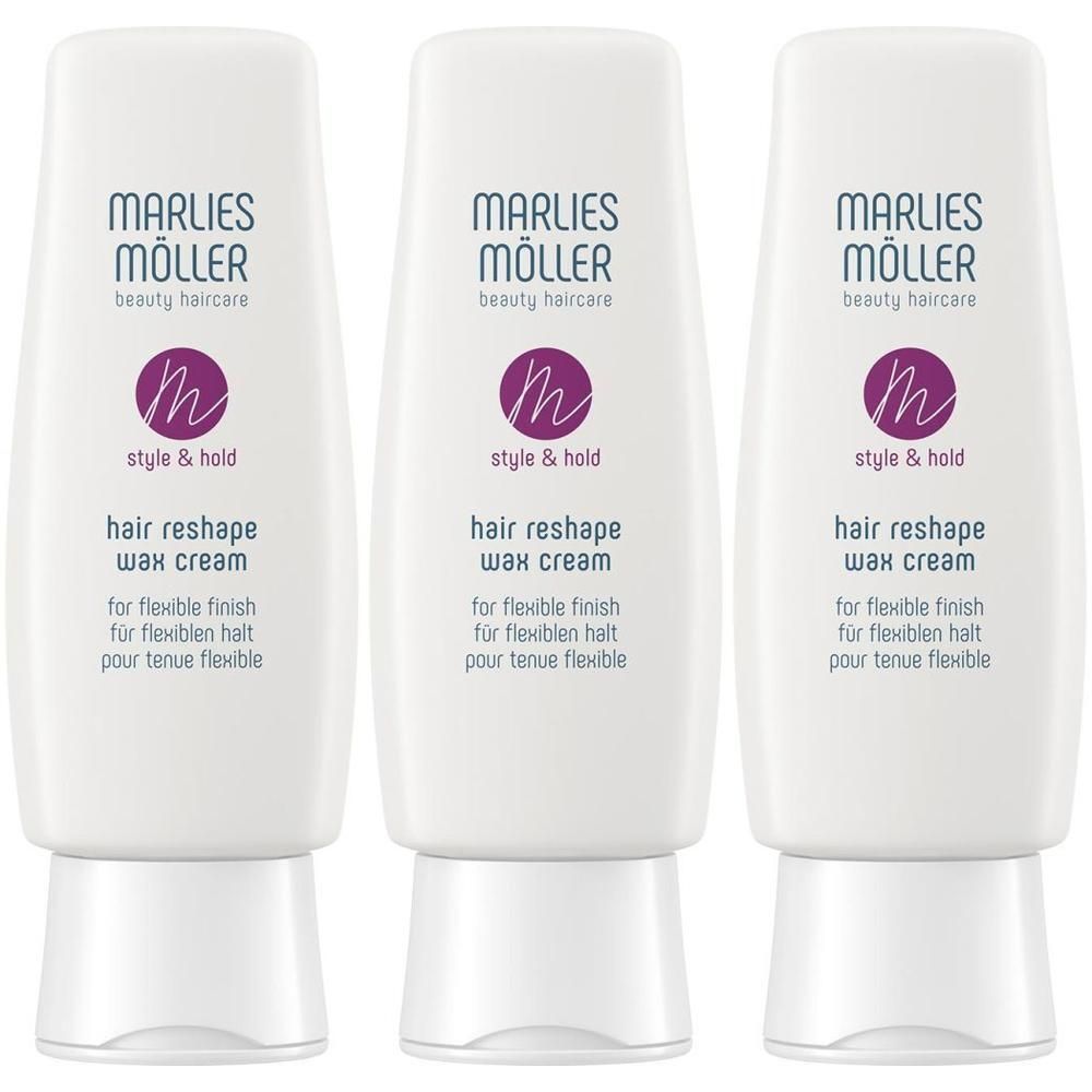 Trois tubes blancs. Sur chacun, MARLIES MÖLLER, un cercle violet avec un 'm'. En dessous, 'style & hold' et 'hair reshape wax cream'.