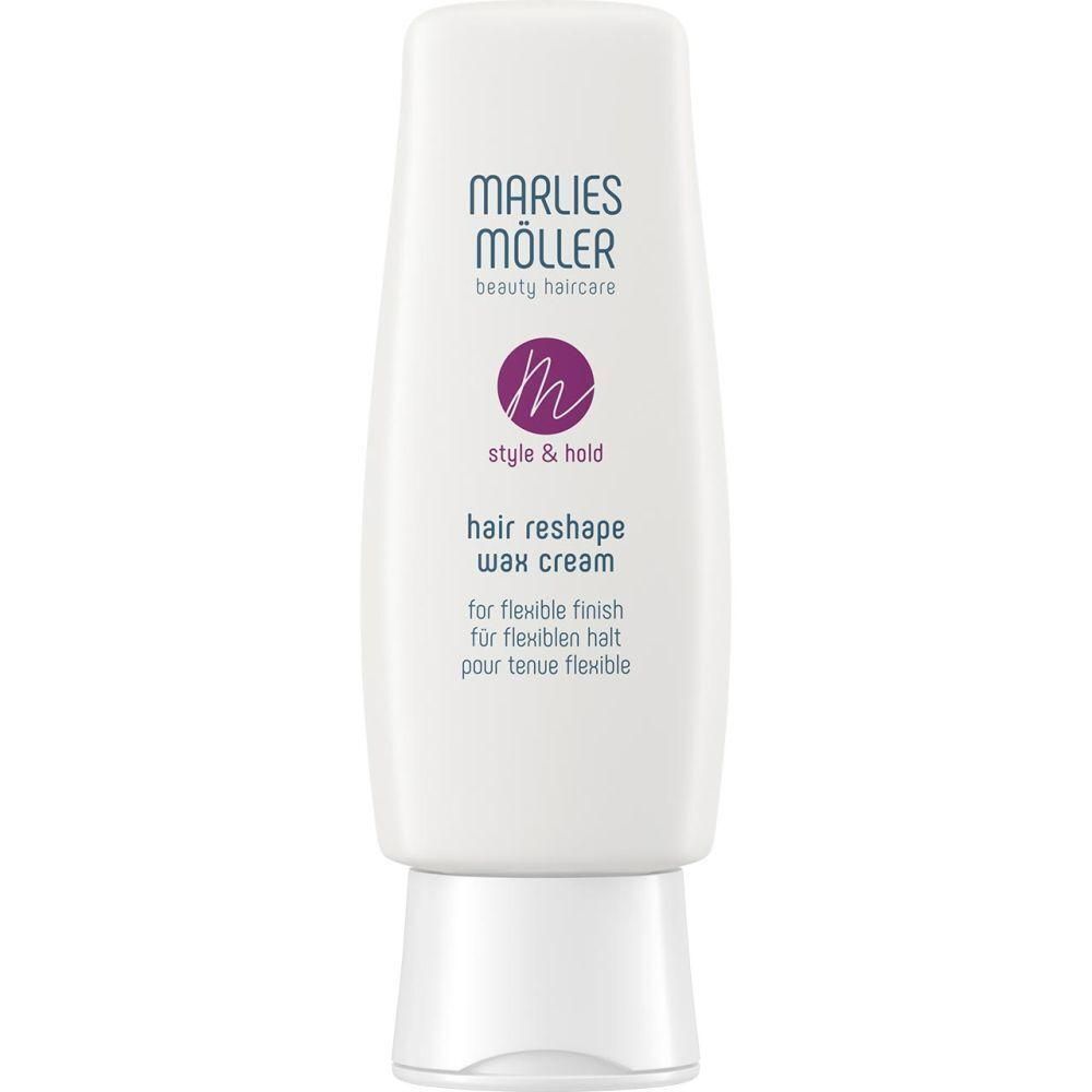 Tube blanche avec logo et texte violets. Nom du produit: Hair Reshape Wax Cream. Texte: pour tenue flexible.