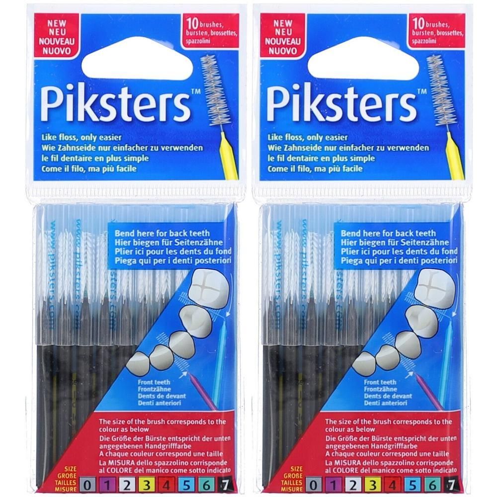 Deux paquets de brossettes interdentaires PIKSTERS. Emballage bleu avec nom et texte du produit. Contient 10 brosses. Indication de taille.