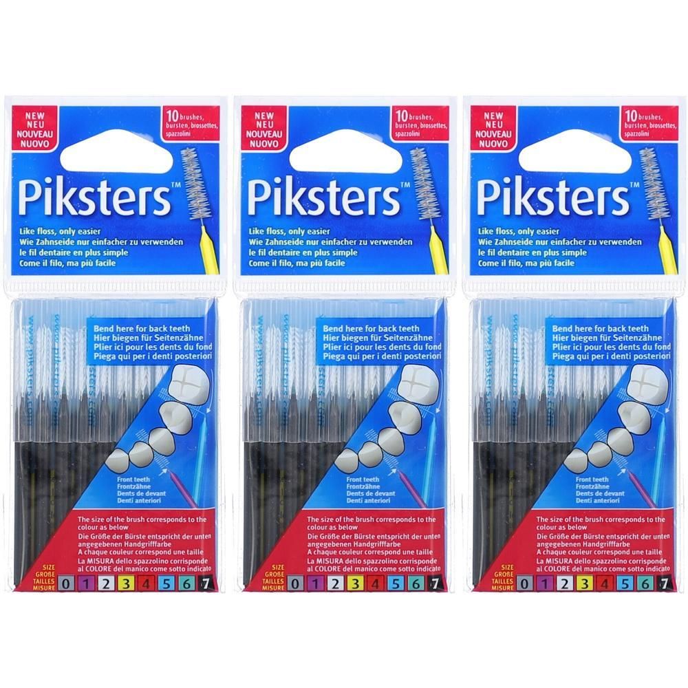 Drei Packungen Piksters Interdentalbürstchen. Jede Packung enthält 10 Bürstchen. Blaue und weiße Verpackung mit Produktnamen und Größenangaben.