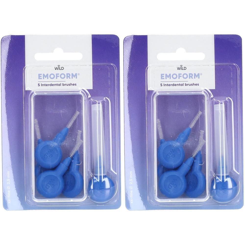 Zwei Packungen EMOFORM Interdentalbürsten. Jede Packung enthält 5 dunkelblaue Bürsten mit weißen Borsten und einem transparenten Griff.