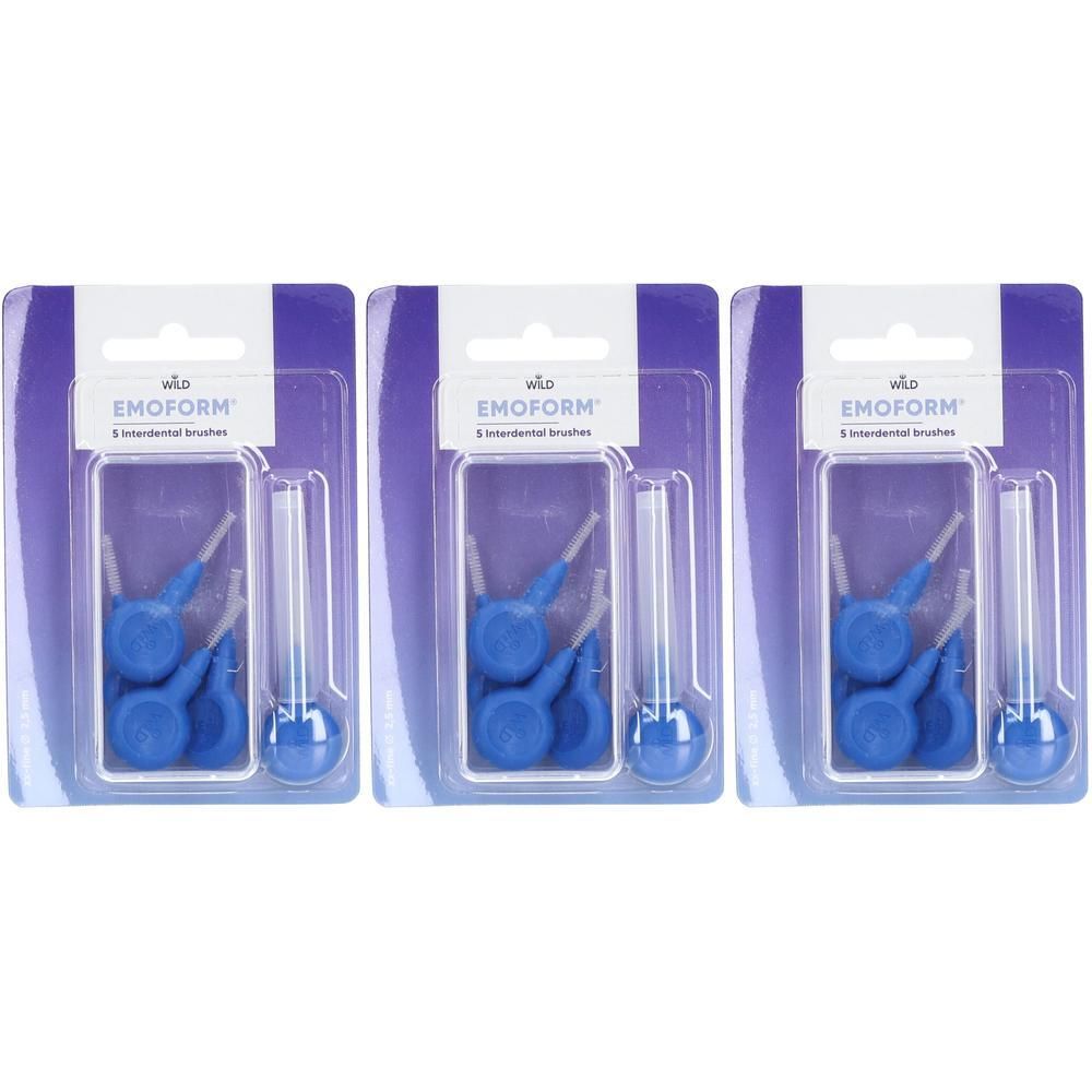 Drei Packungen EMOFORM Interdentalbürsten. Jede Packung enthält blaue Bürsten und einen transparenten Griff.