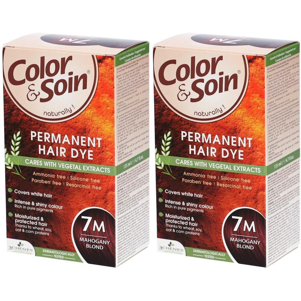 Deux boîtes de coloration capillaire. Inscription: Color & Soin, Permanent Hair Dye, 7M Mahogany Blond. Testé dermatologiquement.