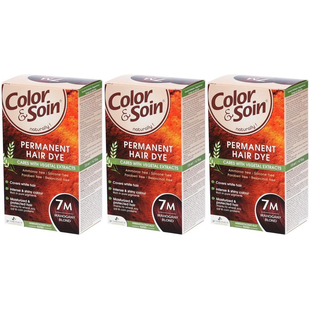 Trois boîtes de coloration capillaire. Inscription: Color & Soin, Permanent Hair Dye, 7M Mahogany Blond. Avec extraits végétaux.