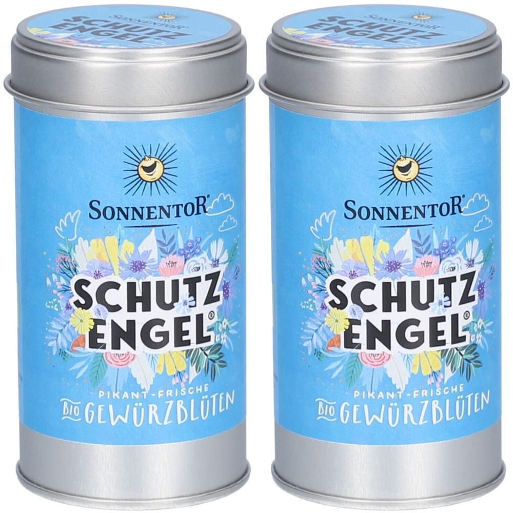 Zwei zylindrische Dosen mit blauem Etikett. Aufschrift: SONNENTOR, SCHUTZ ENGEL, BIO GEWÜRZBLÜTEN. Silberfarbener Deckel und Boden. Blumenmuster.