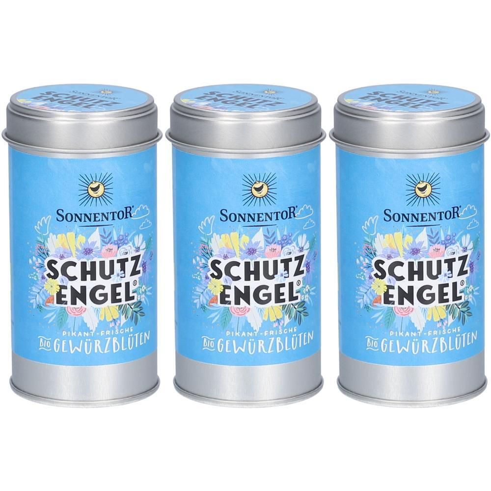 Drei zylindrische Dosen mit blauem Etikett. Aufschrift: SONNENTOR, SCHUTZ ENGEL, Gewürz Blüten. Silberner Deckel und Boden.