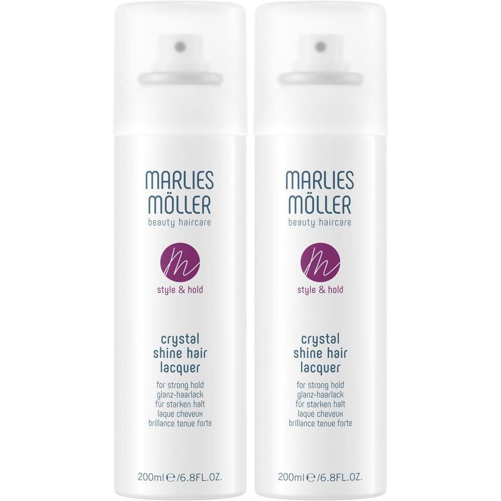 Deux flacons de laque capillaire blancs MARLIES MÖLLER. Inscription: Crystal Shine Hair Lacquer. 200ml.