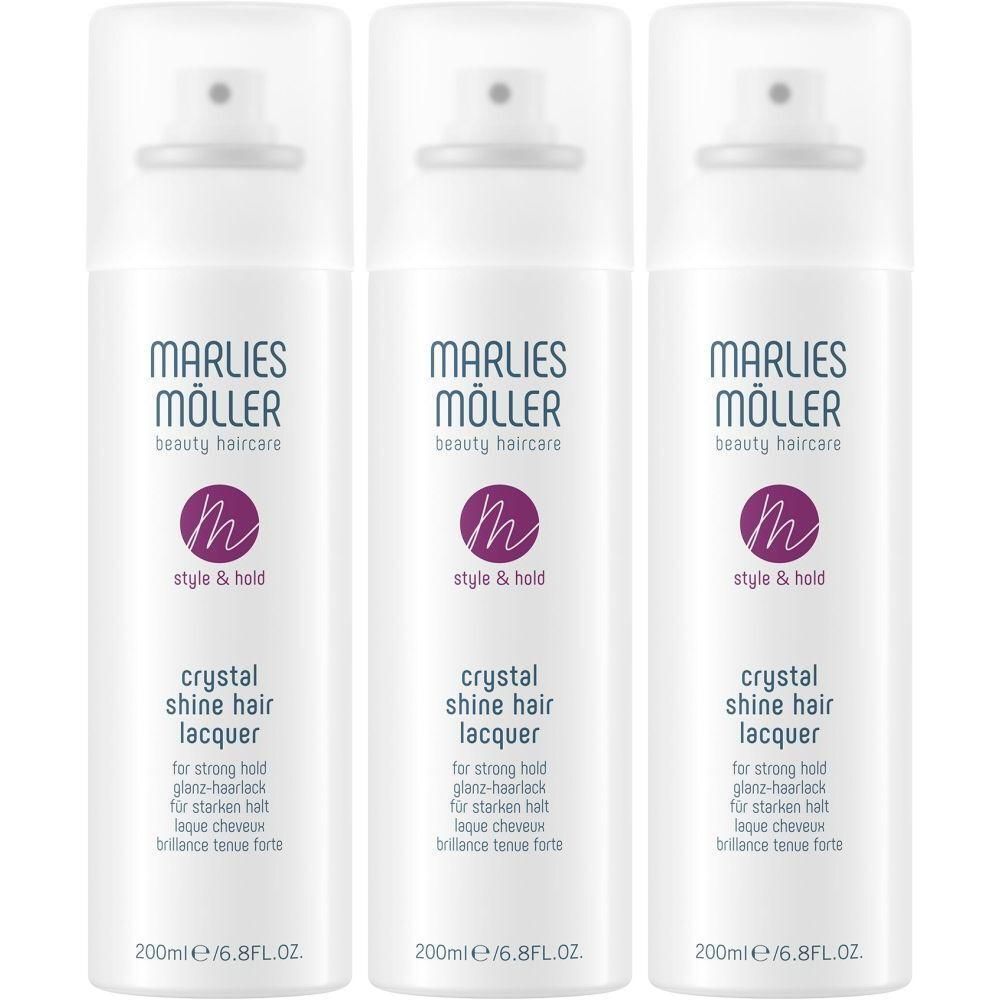 Trois flacons spray blancs avec bouchons transparents. Inscription: MARLIES MÖLLER, crystal shine hair lacquer, style & hold. 200ml/6.8FL.OZ.