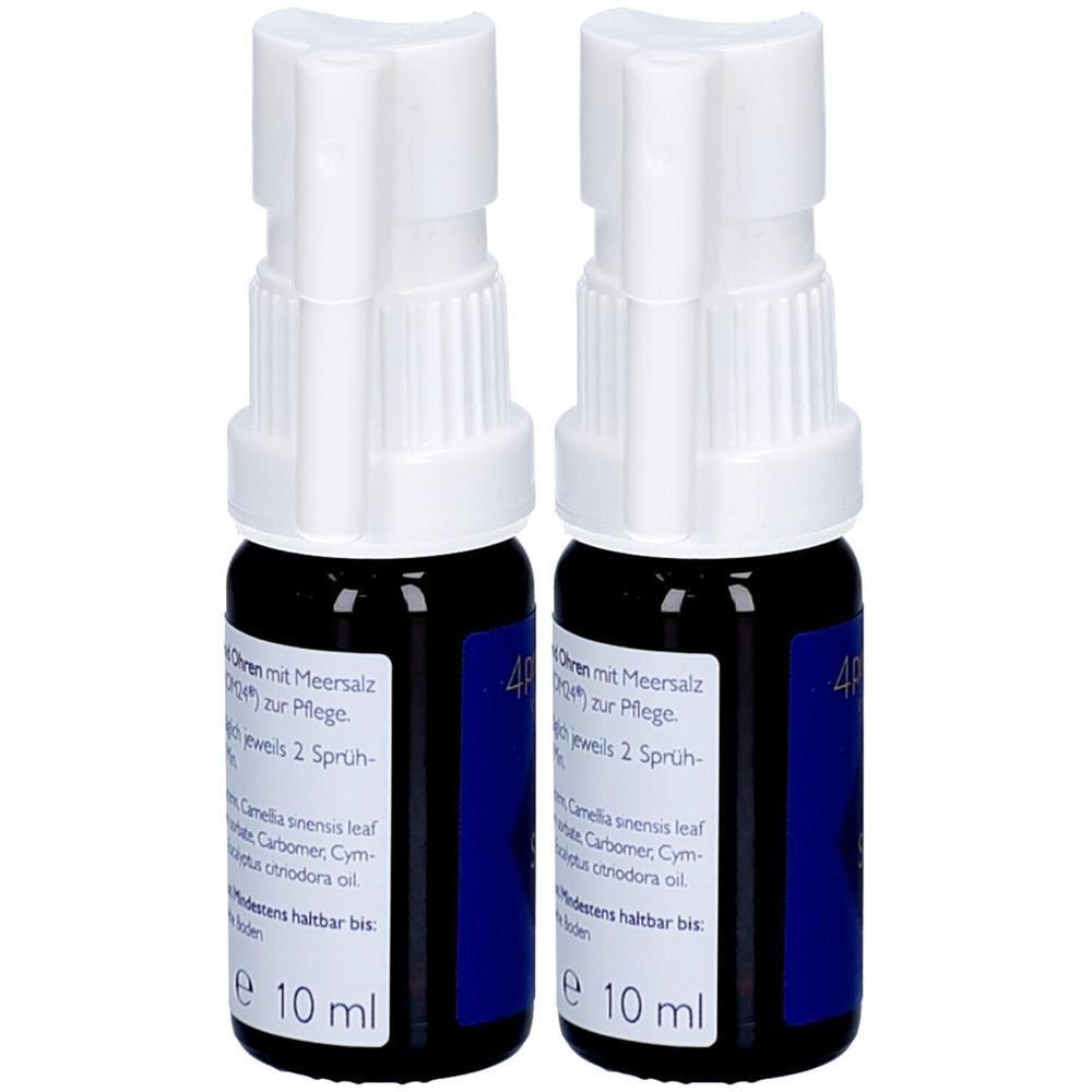 Deux sprays avec tête blanche et étiquette bleue. Inscription : 10 ml. Contient du sel marin. Produit de soin.