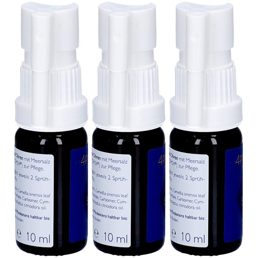 Trois flacons avec vaporisateur blanc et étiquette bleue. Inscription : 10 ml. Texte en allemand.