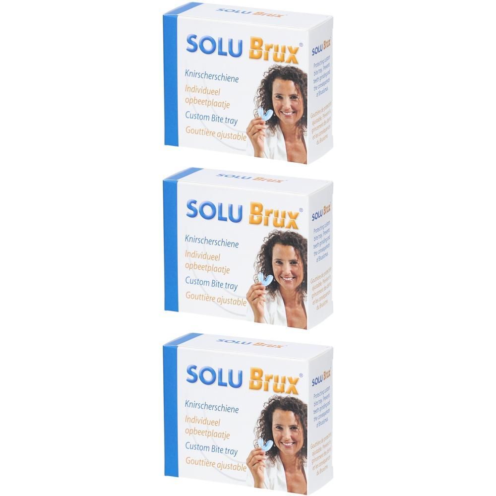 Drei Schachteln SOLU Brux. Auf jeder Schachtel: Produktname, Frau mit Zahnspange, Produktbezeichnungen in Deutsch, Niederländisch, Französisch.