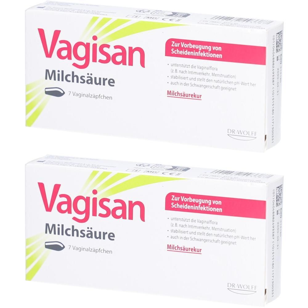 Deux boîtes de suppositoires d'acide lactique VAGISAN. Boîtes blanches avec des accents roses et des informations sur le produit. 7 suppositoires.