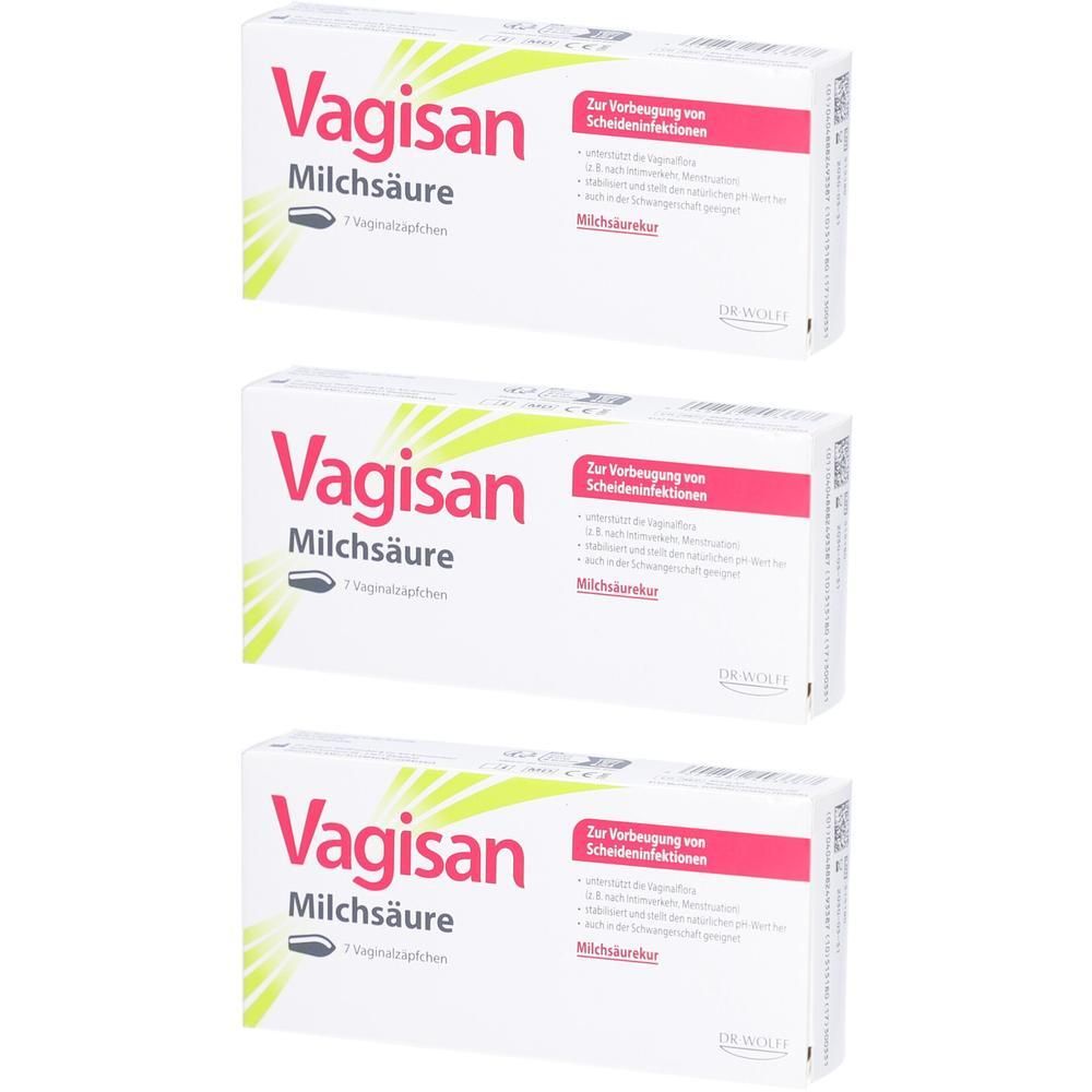 Trois boîtes de VAGISAN Milchsäurezäpfchen. Boîtes blanches avec texte rouge et vert. Inscription : 7 suppositoires.