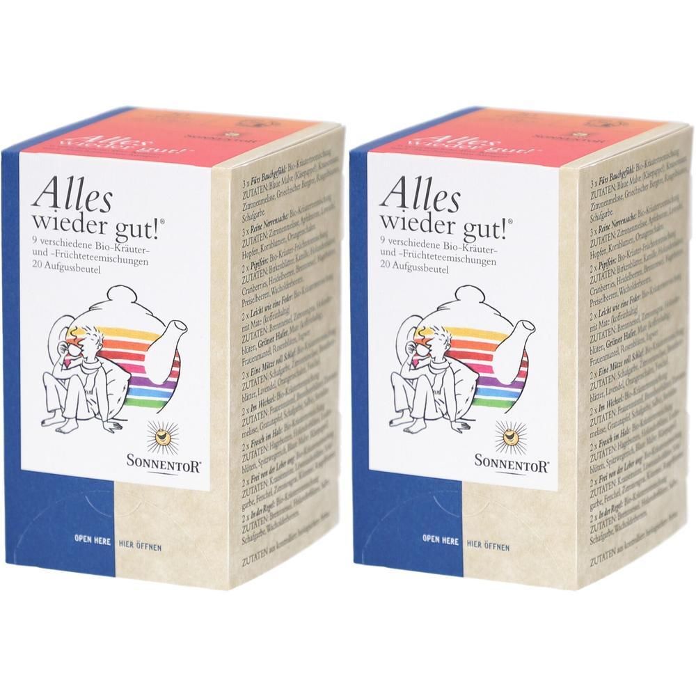 Deux boîtes rectangulaires avec "Alles wieder gut!". Illustration d'un ange avec une théière et un arc-en-ciel. Marque : SONNENTOR.