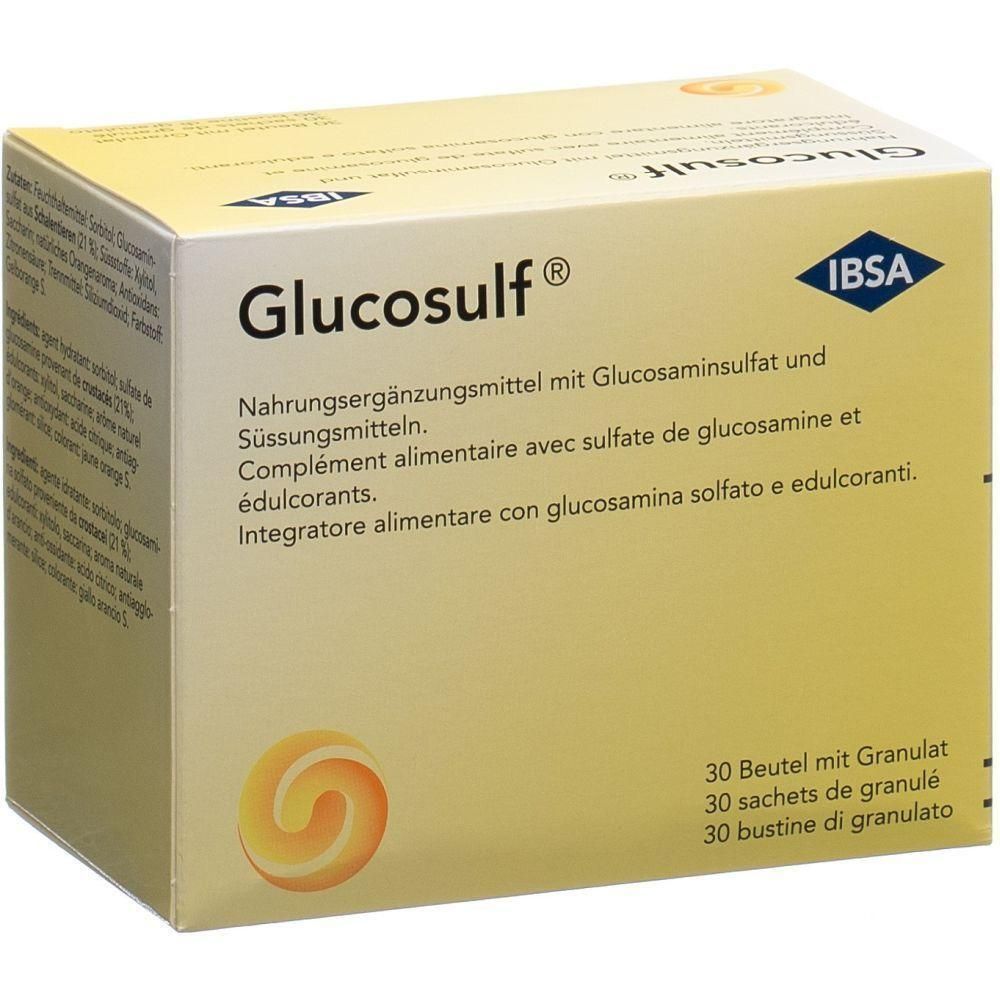 Karton mit Glucosulf. Aufschrift: Nahrungsergänzungsmittel, 30 Beutel mit Granulat. Marke IBSA. Gelb-weiße Verpackung.