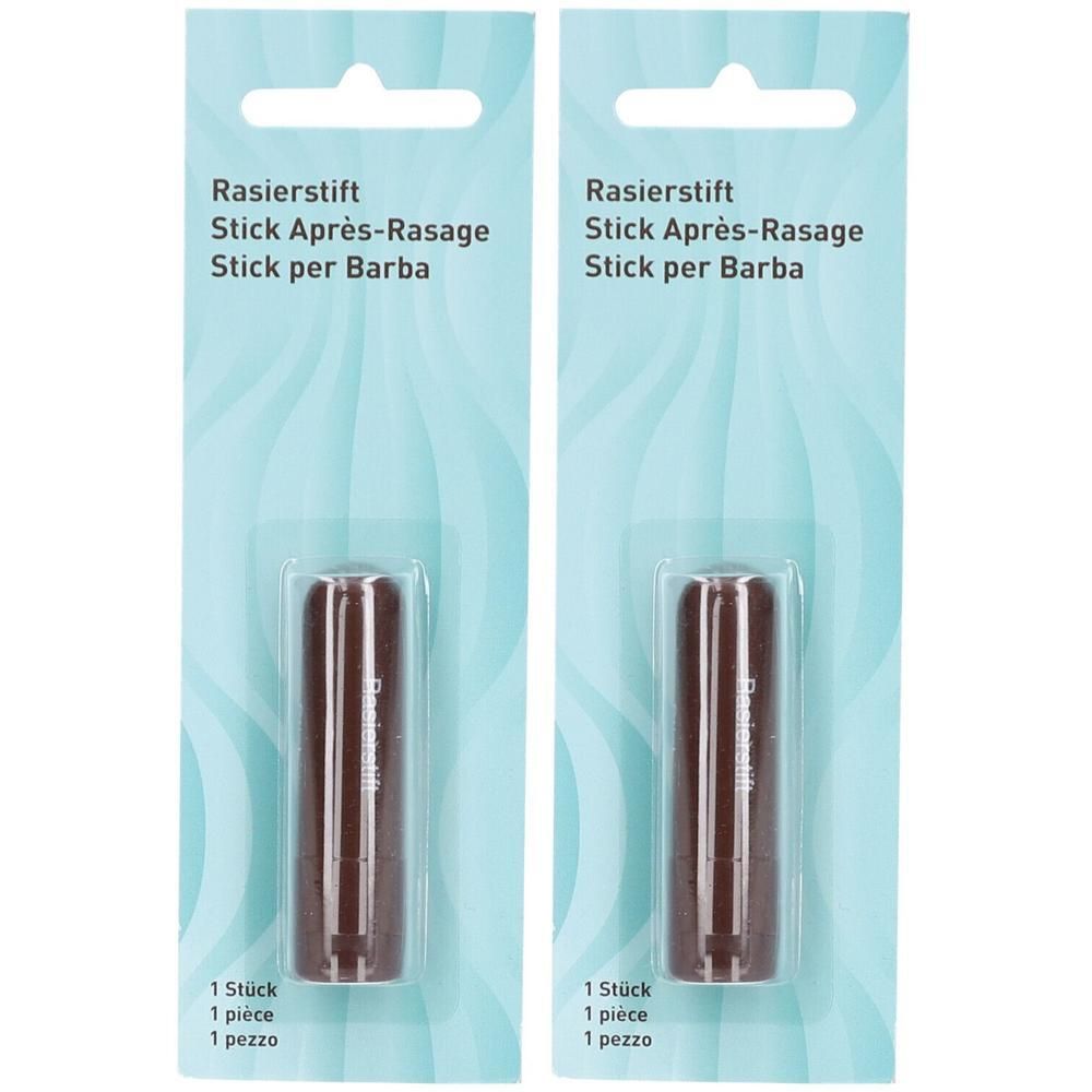 Zwei Rasierstifte in Blisterverpackung. Braune Stifte mit weißer Schrift. Verpackung mit Produktnamen und Stückzahl.