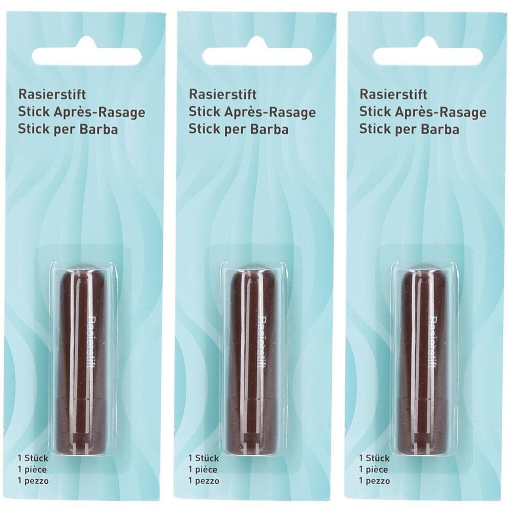Drei Rasierstifte in Blisterverpackung. Braune Stifte mit weißer Schrift. Verpackung mit Aufhängevorrichtung.