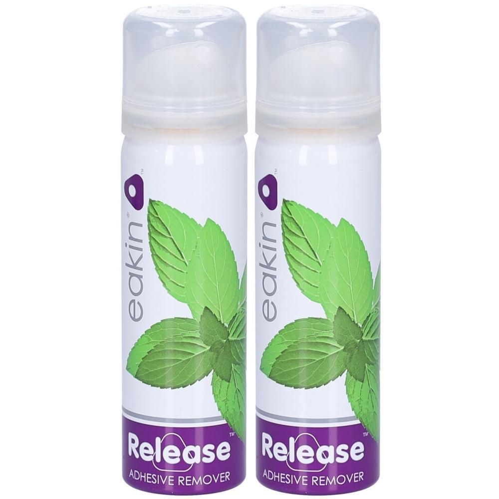 Zwei weiße Sprühflaschen mit transparenten Kappen. Aufschrift: Eakin, Release, Adhesive Remover. Abbildung von grünen Blättern.