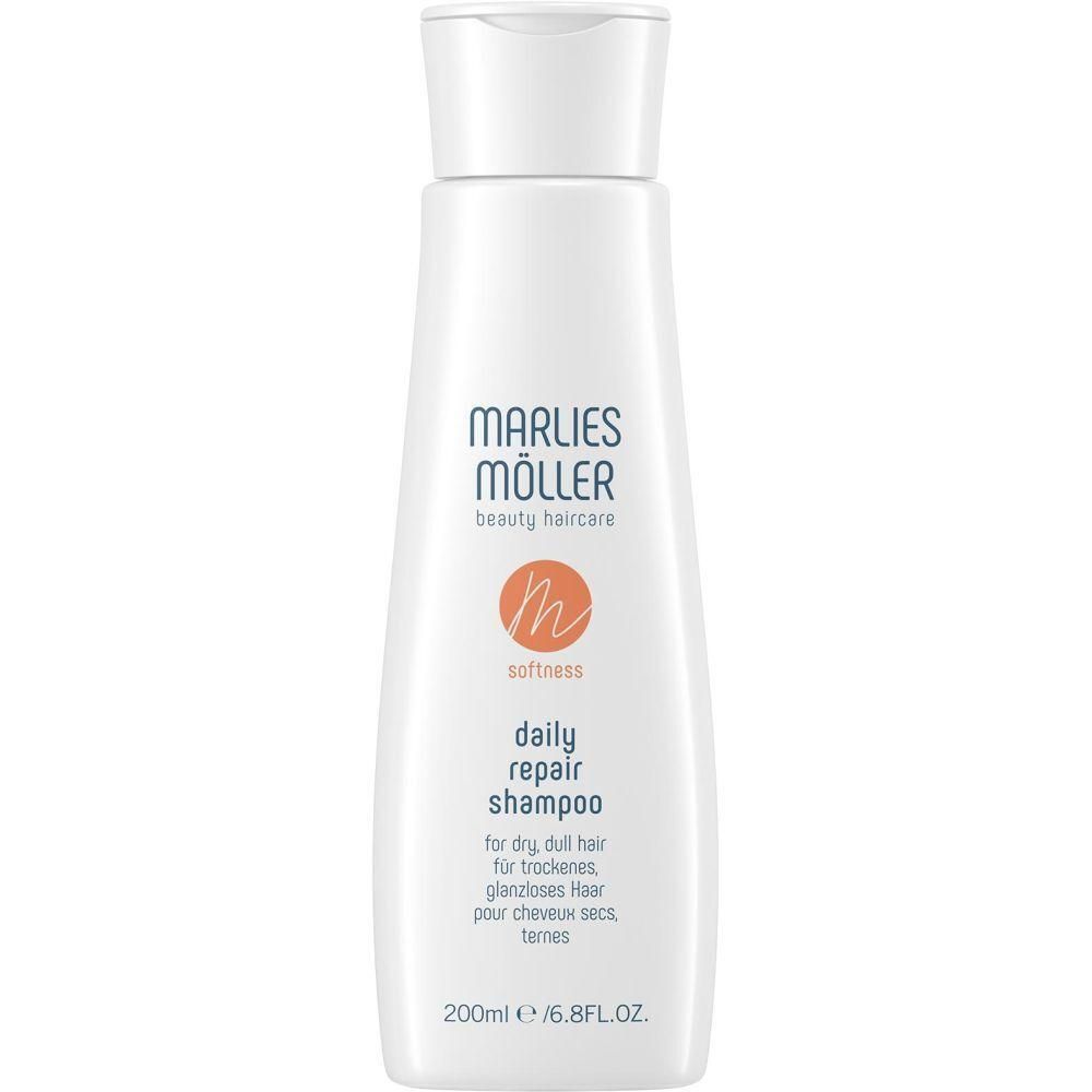 Weiße Flasche mit weißem Deckel. Aufschrift: Marlies Möller, daily repair shampoo. 200ml/6.8FL.OZ.